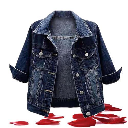 Kurze Jeansjacke für Damen, 3/4-Ärmel, Sommer, leichte Jacken für Damen, trendig, frühlingshaft, weiße Jeansjacke (Dunkelblau, Größe S) von LTHTX