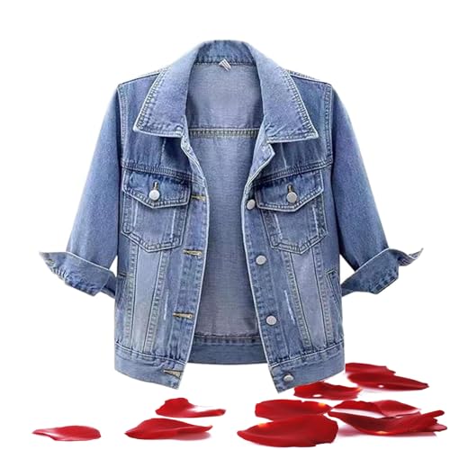 Kurze Jeansjacke für Damen, 3/4-Ärmel, Sommer, leichte Jacken für Damen, trendig, frühlingshaft, weiße Jeansjacke (Hellblau, Größe 3XL) von LTHTX