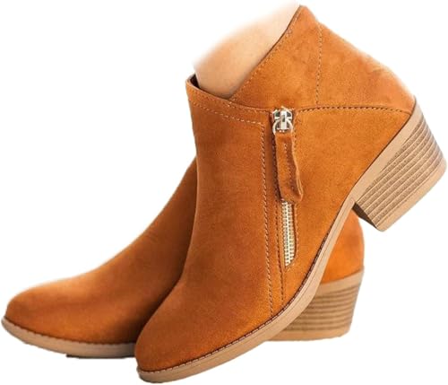 LTHTX Damen Chunky Heel Side Zip Ankle Boots, Fashion Suede Low Heeled Chelsea Boots Ankle Western Cowboy Boots for Women (Orange, 39EU) von LTHTX