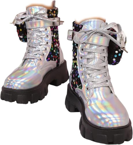 LTHTX Damen Schnürstiefel Mit Glitzer-Pailletten, Runde Zehenpartie, Klobiger Niedriger Absatz, Glitzer Stiefeletten Damen, Funkelnde Stiefeletten (Multicolour,3 UK) von LTHTX