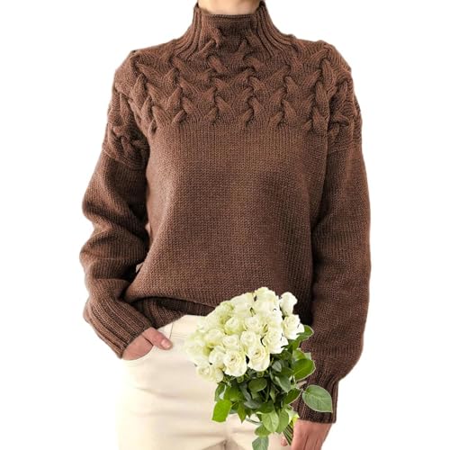 LTHTX Gemütlicher Strick-Rollkragenpullover für Damen, Zopfstrickpullover, lässig, einfarbig, langärmelig, weich, bequem, Pullover, Tops (Braun, Größe L) von LTHTX