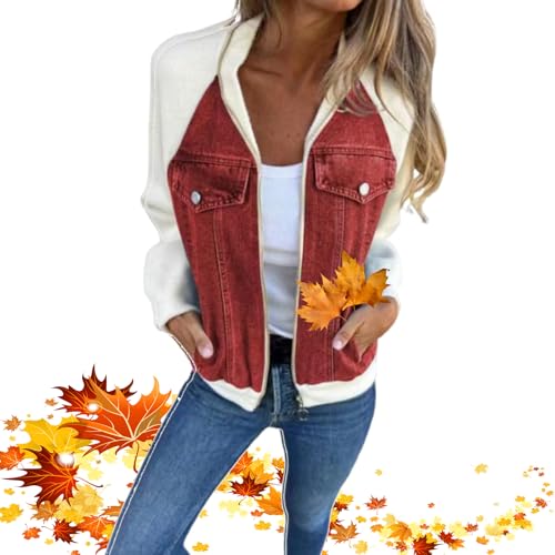 LTHTX Moderne Jacke mit Denim-Stoff, Herbst-Casual-Patchwork-Jeansjacke, Damen, UK, modischer Umlegekragen, Übergangsoberbekleidung (Rot, XL) von LTHTX