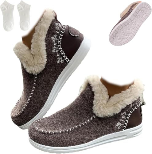 LTHTX Orthopädische Damen Schuhe, Komfort Sneaker, Plüsch Gefüttert, Flache Lässige Winterstiefel mit Rundzehe, Niedrig Geschnittene Freizeitschuhe (Khaki,38 EU) von LTHTX