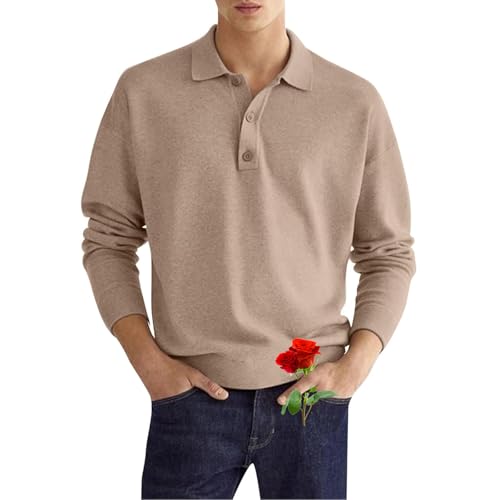 Lässiges Herren-Poloshirt mit lockerem Revers, langärmelig, Knopfkragen, Golf-Shirt, leichtes Micro-Fleece-Pullover, Sweatshirt (Khaki, M) von LTHTX