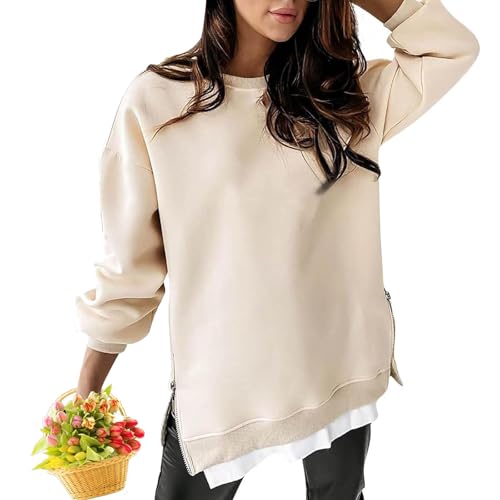 Langärmeliger Pullover, Reißverschluss, Schlitz, lässiges Sweatshirt-Kleid, lockere Passform, Rundhalsausschnitt, Herbst-Sweatshirts für Damen, 2024 (Beige, Größe S) von LTHTX