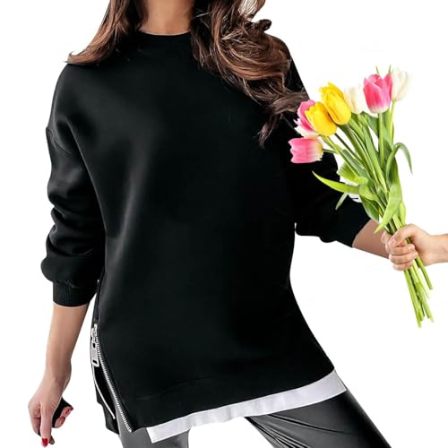 Langärmeliger Pullover mit Reißverschluss, Schlitz, lässiges Sweatshirt-Kleid, lockere Passform, Rundhalsausschnitt, Herbst-Sweatshirts für Damen 2024 (Schwarz, Größe XL) von LTHTX