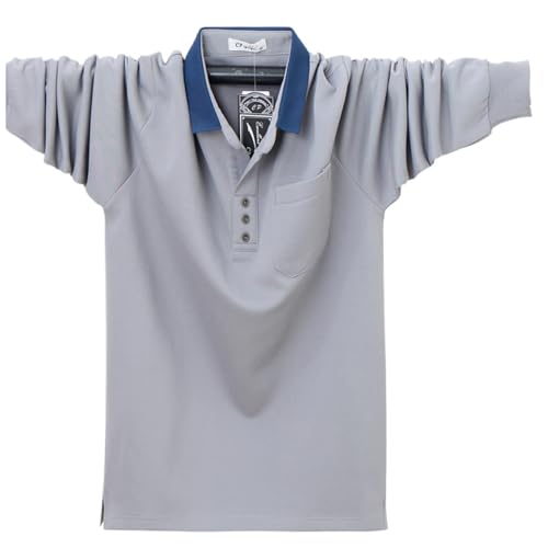 Langärmeliges Herren-Poloshirt mit Kragen, lässig, Größe M-5XL, für große und große Herren, bequemes Baumwoll-Poloshirt (Hellgrau, XL) von LTHTX