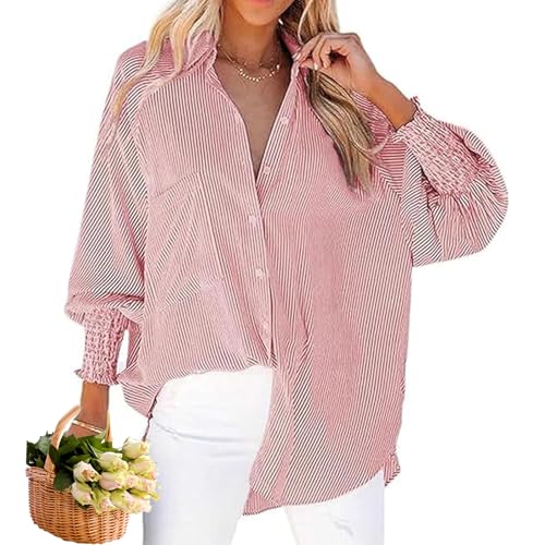 Mittellanges Hemd mit gestreiftem Revers und übergroßen Drawdown-Ärmeln, niedliches Langarm-Top für Damen, gestreifte Blusen (Rosa, XL) von LTHTX