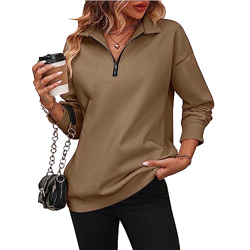 Oversize-Sweatshirt für Damen, halber Reißverschluss, Fleecepullover, Herbst-Outfits, lockere Passform, Langarm-T-Shirts, Tops (Kamel, XXL) von LTHTX