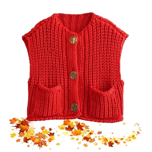 Pullover-Weste für Damen, Strickpullover, lässig, bauchfrei, Knopfleiste, vorne offen, mit Taschen, Rot, Größe L von LTHTX