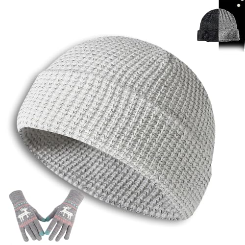 Reflektierende Mütze, Warme Running Mütze Strickmütze für Outdoor-Sportarten und Wandern Angeln Nacht Laufen Winddicht Skull Cap Unisex (White,One Size) von LTHTX