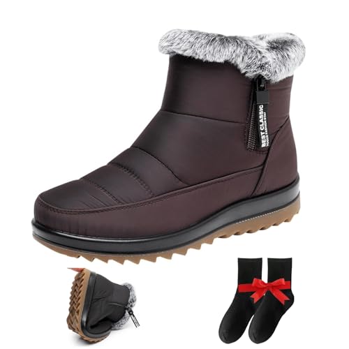 Schneestiefel für Damen, wasserdicht, mit Fell gefüttert, Winterschuhe für Damen, 2024, Wanderschuhe, Schlupfstiefel, warm, isoliert, Braun, Größe 36 EU von LTHTX