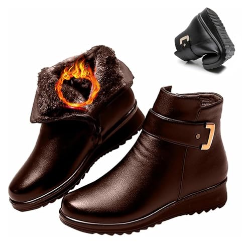 Schwarze Samt-Stiefeletten mit Metallschnalle, Winter, rutschfest, warm, Leder, Schneestiefel, mit Pelzfutter, Reißverschluss, Outdoor-Stiefeletten (Braun, 41 EU) von LTHTX