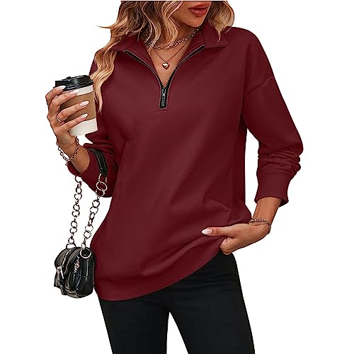 Übergroßes Sweatshirt für Damen, Fleecepullover mit halbem Reißverschluss, Herbst-Outfits, lockere Passform, Langarm-T-Shirts, Tops (rot, L) von LTHTX