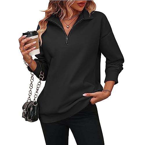 Übergroßes Sweatshirt für Damen, Fleecepullover mit halbem Reißverschluss, Herbst-Outfits, lockere Passform, Langarm-T-Shirts, Tops (schwarz, S) von LTHTX