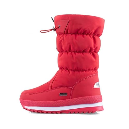 Winterstiefel Damen Wasserdicht rutschfest Mid-Calf Schneestiefel, Warm Gefüttert Outdoor Stiefeletten Mit Kunstfell Und Zipper, Bequeme Winterschuhe (Red,41 EU) von LTHTX