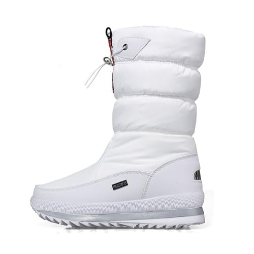 Winterstiefel Damen Wasserdicht rutschfest Mid-Calf Schneestiefel, Warm Gefüttert Outdoor Stiefeletten Mit Kunstfell Und Zipper, Bequeme Winterschuhe (White,41 EU) von LTHTX