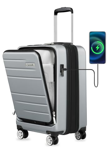 LUGGEX Handgepäck Koffer Hartschale aus PC mit Laptopfach - Erweiterbar Reisekoffer mit Ladungshafen, 4 Rollen, TSA, 55 cm, Silber von LUGGEX