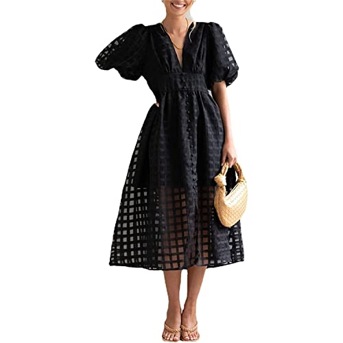 LULAND Quadratisch gemustertes Stoffkleid mit Puffärmeln, Sommerkleid mit tiefem V-Ausschnitt für Damen (Black,Medium) von LULAND