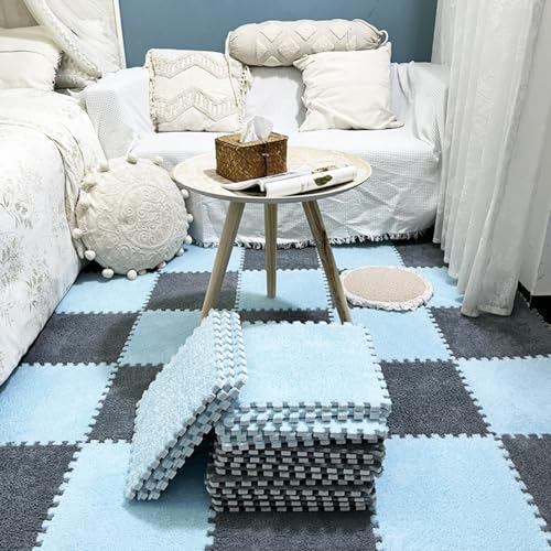 LULUMAIC 48 Stück Plüsch-Puzzle-Bodenfliesen, ineinandergreifender Teppich mit Rand, Schaumstoff-Bodenmatte, Spielbereichsteppich, Nachttischkissen, 30 x 30 cm (blau + grau 0,23 Zoll) von LULUMAIC