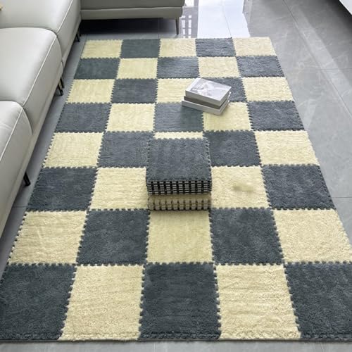 LULUMAIC 48 Stück ineinandergreifende Teppichfliesen, Plüsch-Puzzle-Schaum-Bodenmatte, weiche Teppiche, Spielmatte, für Wohnzimmer, 30,5 cm (Aprikose + Grau 0,39 Zoll) von LULUMAIC