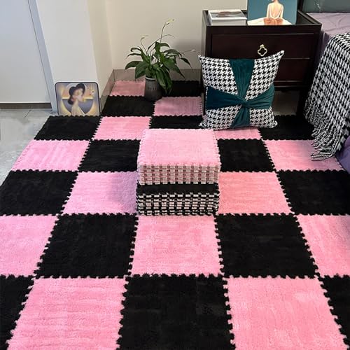 LULUMAIC 48 Stück ineinandergreifende Teppichfliesen, Plüsch-Puzzle-Schaum-Bodenmatte, weiche Teppiche, Spielmatte, für Wohnzimmer, 30,5 cm (Rosa + Schwarz 0,23 Zoll) von LULUMAIC