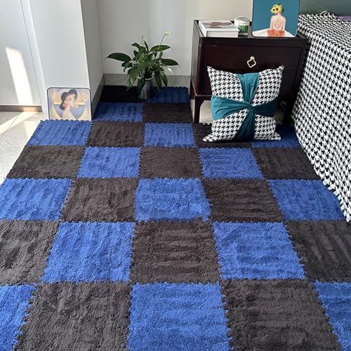 LULUMAIC 48 Stück ineinandergreifende Teppichfliesen, Plüsch-Puzzle-Schaumstoff-Bodenmatte, weiche Teppiche, Spielmatte, für Wohnzimmer, 30,5 cm (schwarz + marineblau, 0,6 cm) von LULUMAIC