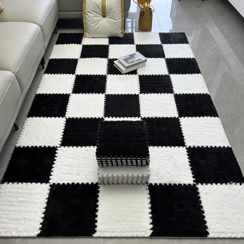 LULUMAIC 48 Stück ineinandergreifende Teppichfliesen, Plüsch-Puzzle-Schaumstoff-Bodenmatte, weiche Teppiche, Spielmatte, für Wohnzimmer, 30,5 cm (schwarz + weiß 0,23 Zoll) von LULUMAIC