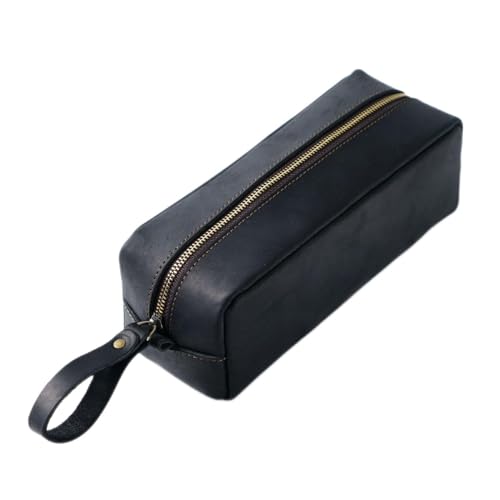 LULUMAIC Federmäppchen, quadratisch, Vintage-Leder, mit Reißverschluss, einfach, großes Fassungsvermögen, Bleistift-Briefpapiertasche (schwarz) von LULUMAIC