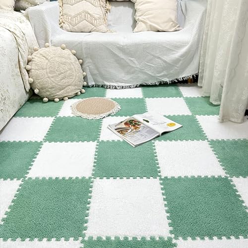LULUMAIC Ineinandergreifende Schaumstofffliesen für Wohnzimmer, Plüsch-Puzzle-Bodenmatte, Spielmatten, Teppichquadrate, Spleißbodenteppiche, Schlafzimmer, 48 Stück (grün + weiß 0,39 Zoll) von LULUMAIC