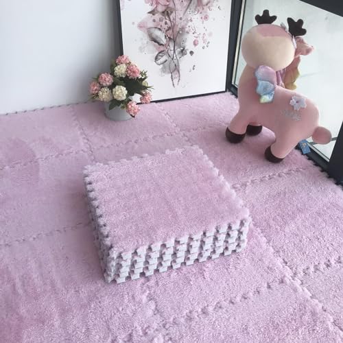 LULUMAIC Ineinandergreifende Teppichfliesen mit Rand, 60 Stück Plüschschaum-Bodenmatte, Puzzle-Spielmatten, Wohnzimmer, Schlafzimmer, 30 x 30 cm (Rosa 0,39 Zoll) von LULUMAIC
