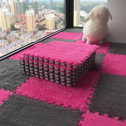 LULUMAIC Ineinandergreifende Teppichfliesen mit Rand, 60 Stück Plüschschaum-Bodenmatte, Puzzle-Spielmatten, Wohnzimmer, Schlafzimmer, 30 x 30 cm (Rosarot + Grau 0,23 Zoll) von LULUMAIC