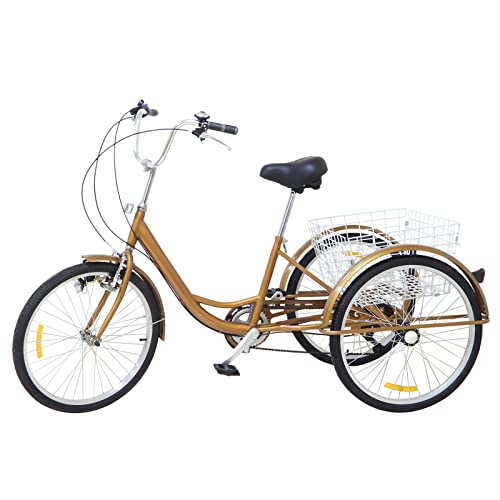LUNICASHA 24 Zoll Dreirad für Erwachsene 6 Gang Dreiräder 24" Dreirad Fahrrad Seniorenrad mit Licht & Korb Gold von LUNICASHA