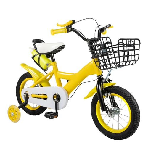 LUNICASHA Kinderfahrrad 12 Zoll Fahrrad für Mädchen und Jungen 12" Kinder Fahrrad mit Stützräder und Aufbewahrungskorb Kinderrad Kinderfahrräder Gelb von LUNICASHA