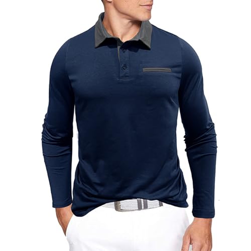 Angebot Des Tages Blitzangebot, Herren Shirt Langarm T-Shirt Herren Weiß Farbblock Langarm Businesshemd Button Down Revers Poloshirt Regular Fit Golf Tennis Shirts Funktions Tshirt (Royal Blue,Xxl) von LUNULE