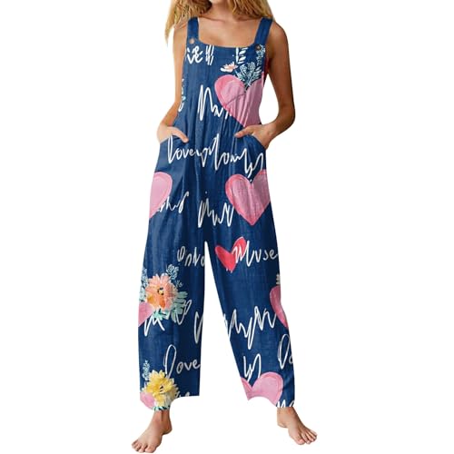 Angebot Des Tages Blitzangebot, Jumpsuit Damen Kuschelig Sportanzug Damen Blumendruck Ärmellos Overalls Frauen Lang Jumpsuits Mit Taschen Casual Baggy Latzhose Blau Damen Damen Outfit Komplett(Blue,L) von LUNULE