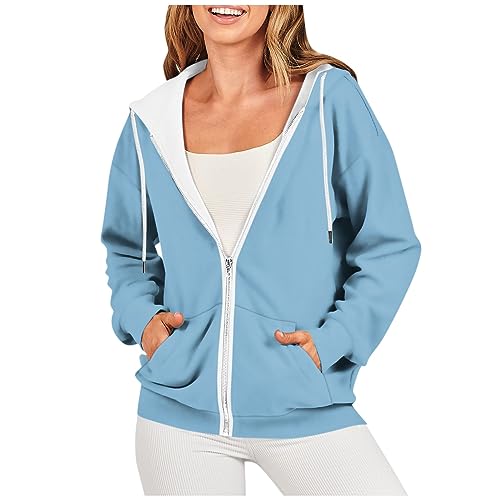 Angebot Des Tages Blitzangebot, Pullover Damen Dünne Jacke Damen Einfarbig Langarm Zipper Hooded Jacke Mit Taschen Klassisch Basic Sweatshirt Enge Sportjacke Damen Strickjacke Mädchen(Light Blue,M) von LUNULE