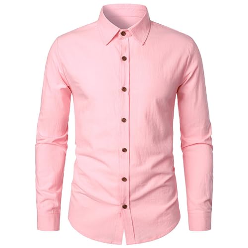 Angebot des Tages, Langarm Shirts Herren Hemd Herren Weiss Einfarbig Baumwolle Leinen Hemd Mit Knöpfen Slim Fit Freizeithemd Casual Trainingsshirt Herren Business Hemd(Rosa,L) von LUNULE