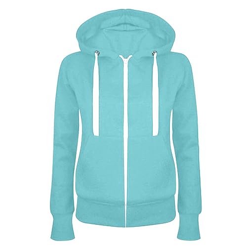 Angebot des Tages, Pullover Damen College Jacke Damen Einfarbig Langarm Kapuzenjacke Mit Reißverschluss Casual Leicht Zip Hoodie Jacke Trainingsjacke Damen Hoodie Jacke Damen(Light Blue,S) von LUNULE