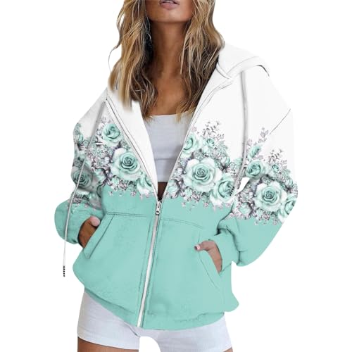 Angebot des Tages, Sommerjacke Damen Leicht Laufjacke Damen Blumendruck Langarm Hoodie Jacke Mit Taschen Casual Kapuzenjacke Mit Reißverschluss Jogging Jacke Damen Teddyjacke Damen(Cyan,XXL) von LUNULE