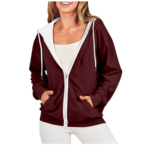 Angebot des Tages Blitzangebot, Sweatshirt Damen Funktionsjacke Damen Einfarbig Full Zip Sweatshirt Jacke Mit Kapuze Casual Leicht Sportjacke Für Alltag Jacke Damen Frühling Damen-Jacken(Wine,3XL) von LUNULE