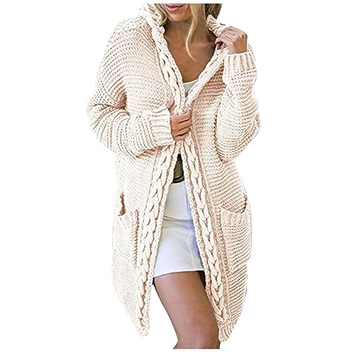 Angebote Damen, Cardigan Damen Sommer Kimono Damen Strand Einfarbig Grobstrick Jacke Mit Kapuze Frauen Langarm Open Front Sweater Cardigan Sommer Cardigan Damen Leicht Sommerjacke (Beige,3XL) von LUNULE