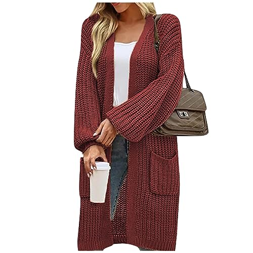 Angebote Damen, Sommerjacke Damen Kimono Damen Sommer Langarm Grobstrick Jacke Mit Taschen Einfarbig Lang Open Front Sweater Outwear Damen Pullover Elegant Damenjacken Frühjahr Sommer(Wein,5Xl) von LUNULE