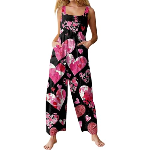 Angebote Des Tages Heute, Latzhosen Für Damen Jumpsuit Damen Sommer Blumendruck Ärmellos Overalls Frauen Lang Jumpsuits Mit Taschen Casual Baggy Skianzug Damen Einteiler Kuschelanzug (Hot Pink,S) von LUNULE