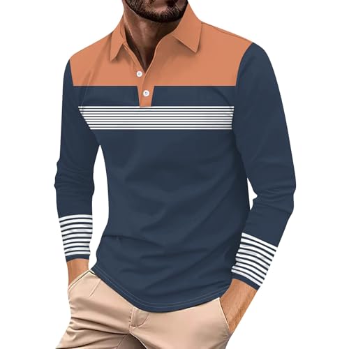Angebote Des Tages Heute, Shirt Langarm Herren Herren Sweatshirt Gestreiftes Patchwork Knopfleiste T-Shirts Regular Fit Golf Tennis Shirts Long Sleeves Shirt Herren Solid Pullover Herren(Orange,Xxl) von LUNULE