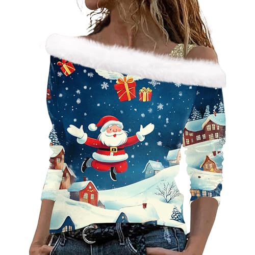 Angebote Des Tages Heute Blitzangebote, Christmas Sweater Damen Druck Weihnachten Pullover Mit Schulterriemen Elegant Plüsch Schulterfrei Langarmshirt Damen Weihnachts Sweatshirt (Deep Red,Xxl) von LUNULE