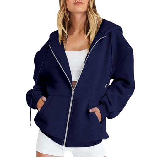 Angebote Des Tages Heute Blitzangebote, Jacke Damen Sommer Kapuzenpullover Damen Einfarbig Langarm Sweatshirt Jacke Mit Reißverschluss Casual Basic Sportjacke Jacke Damen Fahrradjacke (Dunkelblau,S) von LUNULE