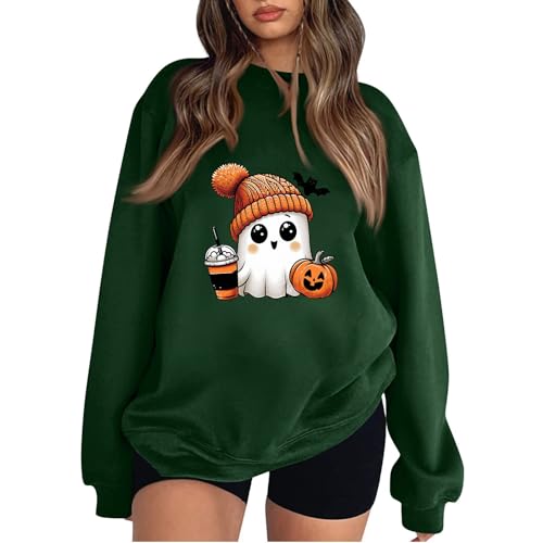 Angebote Des Tages Heute Blitzangebote, Sweatshirts Für Damen Halloween Kostüm Kürbis Erwachsene Kürbisse Und Geister Muster Pulli Ohne Kapuze Oversize Rundhals Langarm Winterpullover (Green,Xl) von LUNULE