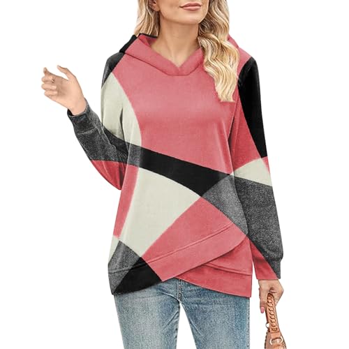 Angebote Des Tages Heute Damen, Pullover Damen Winter Longshirt Damen Einfarbig Patchwork Langarm Pullover Mit Kapuze Asymmetric Saum Kapuzenpullover Tunika Damen Sommer Oberteile Damen(Rosa,S) von LUNULE