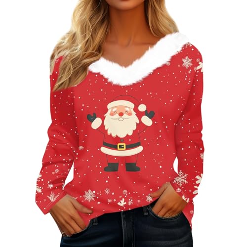 Angebote Des Tages Heute Deal, Kleid Weihnachten Damen Fleecepullover Damen Weihnachten 3D Druck Langarm Tshirt Casual Plüsch V Ausschnitt Pullover Xmas Lustige Weihnachtspullover (Vermilion,L) von LUNULE